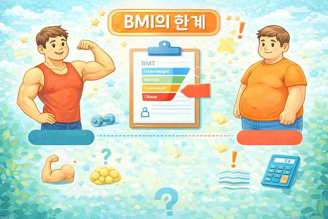 근육이 많은 사람과 체지방이 많은 사람을 비교하여 BMI의 한계를 설명하는 이미지