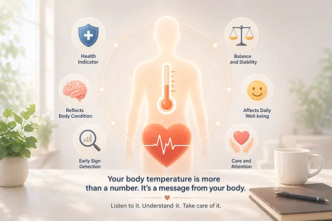 체온이 단순한 숫자가 아니라 건강 상태를 나타내는 신호임을 표현한 인체 실루엣 이미지