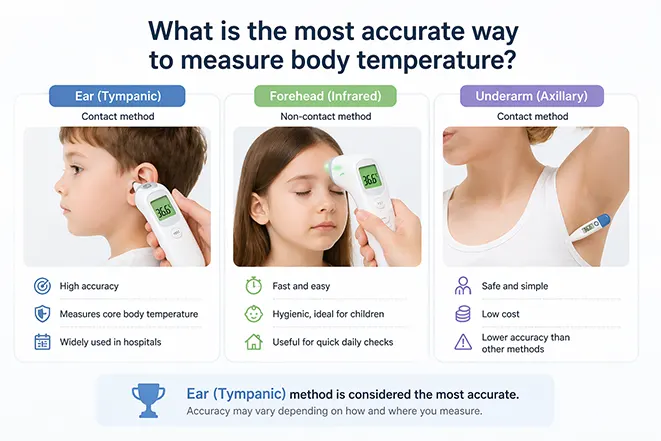 귀 체온계, 비접촉 이마 체온계, 겨드랑이 체온계의 정확도와 특징을 비교한 이미지