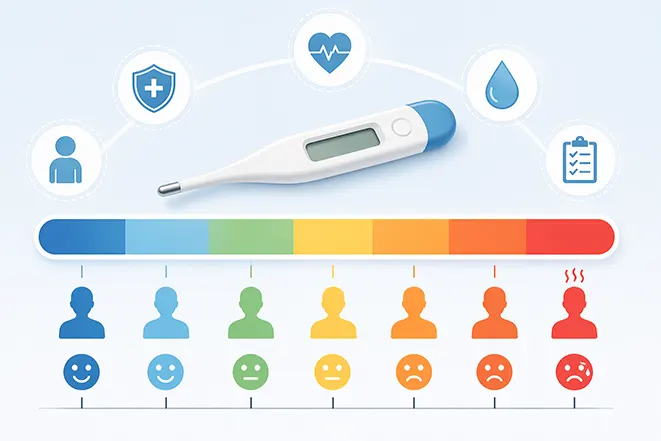 체온 구간을 색상으로 표현한 인포그래픽으로 정상 체온부터 고열까지 단계별 변화를 보여주는 이미지