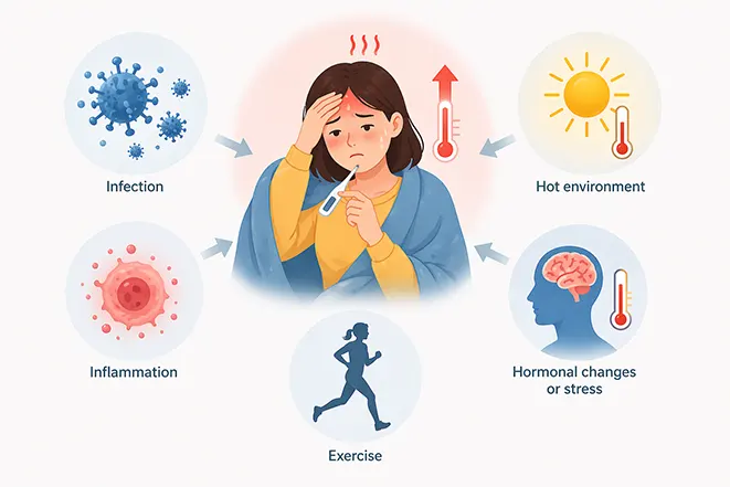 감염, 염증, 운동, 스트레스, 외부 온도 등 다양한 원인으로 체온이 상승하는 과정을 설명하는 이미지