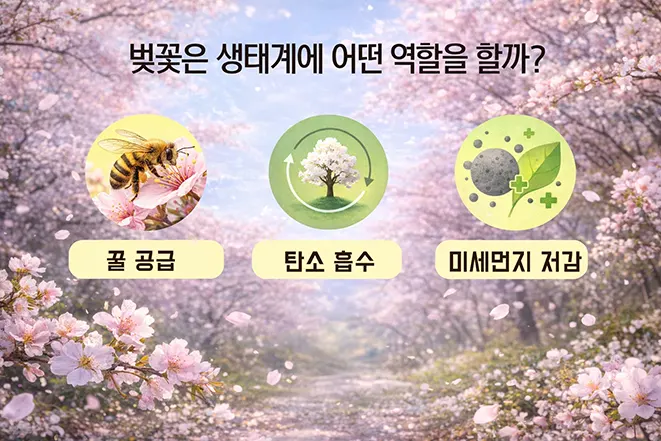 벚꽃 생태계 역할 꿀 공급 탄소 흡수 미세먼지 저감 설명 이미지