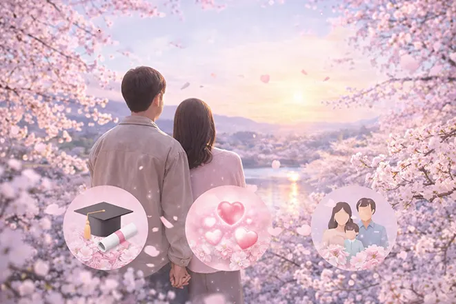 벚꽃 아래 연인이 서 있는 모습 사랑 추억 가족 의미를 표현한 이미지