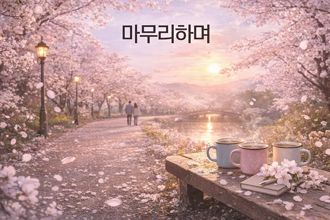 벚꽃 길과 노을 풍경 벤치 위 커피잔 봄 마무리 감성 이미지