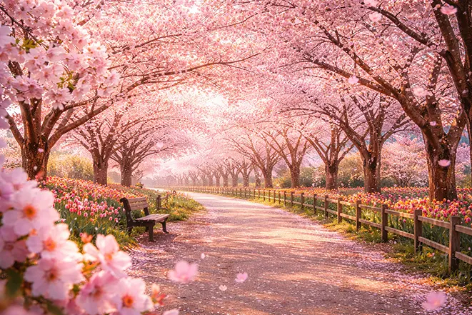 벚꽃이 만개한 길과 산책로 풍경 봄날 한국 벚꽃 터널 이미지