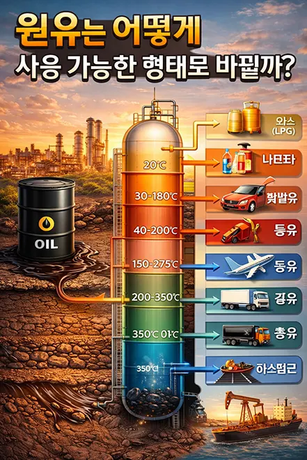 원유 분별 증류 과정을 통해 LPG, 나프타, 휘발유, 경유 등이 생성되는 구조를 보여주는 이미지