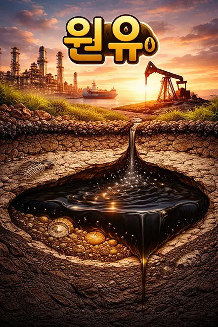 지하에 형성된 원유의 구조와 생성 과정을 보여주는 단면 일러스트 이미지