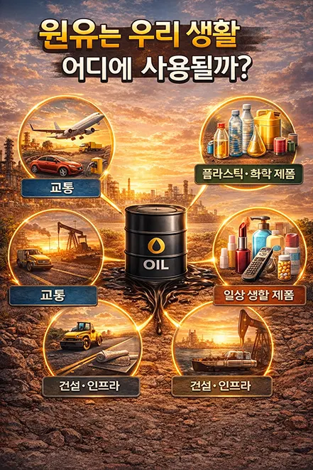 원유가 교통, 플라스틱, 일상생활 제품, 건설 등 다양한 분야에 사용되는 모습을 보여주는 이미지