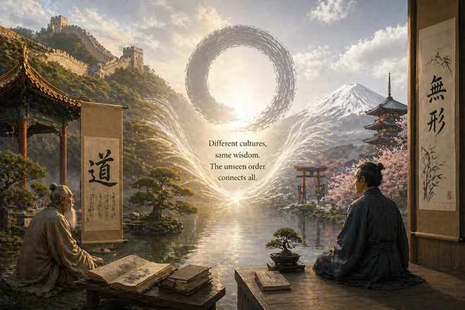 중국과 일본 전통 풍경 속에서 대도무형 개념을 표현한 이미지, 서로 다른 문화 속 동일한 철학을 상징