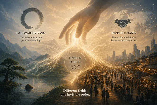 대도무형과 보이지 않는 손의 연결을 표현한 이미지, 보이지 않는 힘이 자연과 시장을 동시에 움직이는 장면