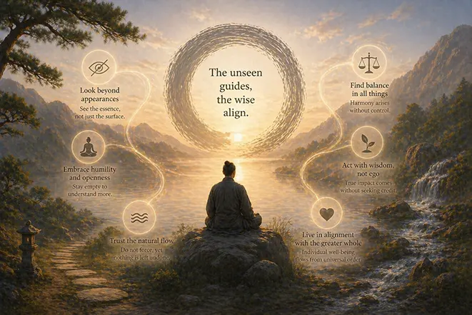 명상하는 인물과 자연 속에서 보이지 않는 지혜와 삶의 교훈을 표현한 대도무형 개념 이미지