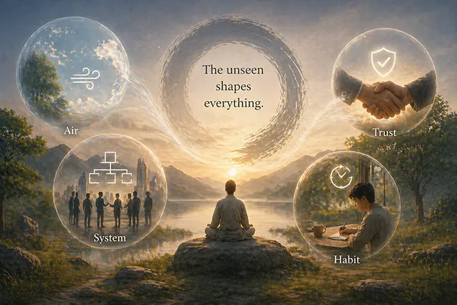공기, 신뢰, 시스템, 습관 등 보이지 않는 요소들이 삶을 구성하는 모습을 표현한 대도무형 개념 이미지