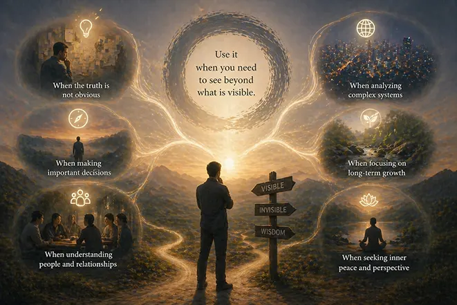 인생의 중요한 선택 순간에서 보이는 것과 보이지 않는 가치를 비교하며 고민하는 사람과 다양한 상황을 표현한 이미지