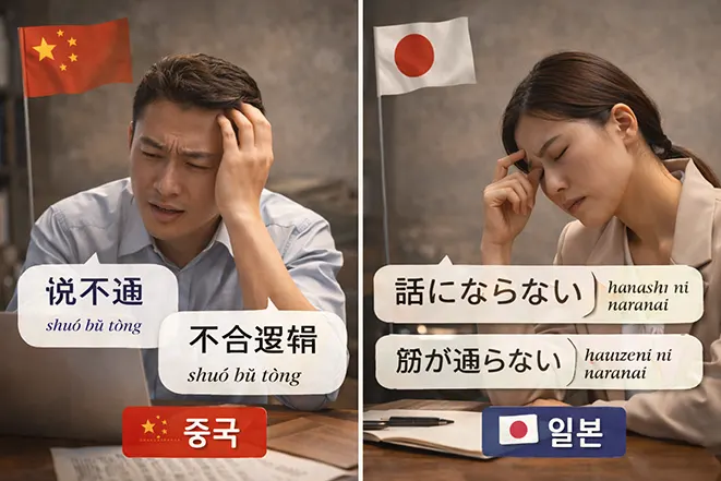 중국과 일본에서 어불성설과 유사한 표현을 사용하는 모습을 비교한 이미지