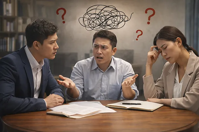 논리가 맞지 않는 대화로 혼란스러워하는 세 사람이 어불성설 상황을 보여주는 이미지