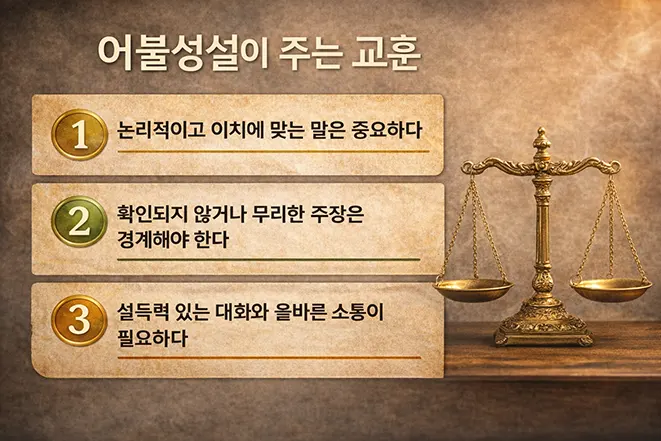 어불성설이 주는 교훈으로 논리적 사고와 올바른 소통의 중요성을 설명하는 이미지