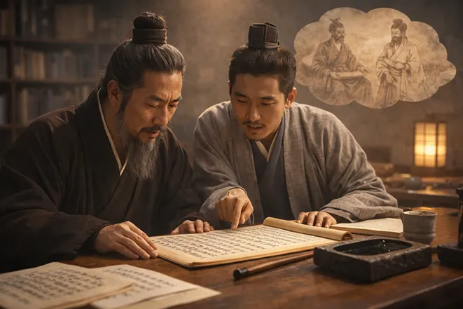 고대 동양 학자들이 문서를 연구하며 어불성설의 유래와 의미를 탐구하는 모습의 이미지