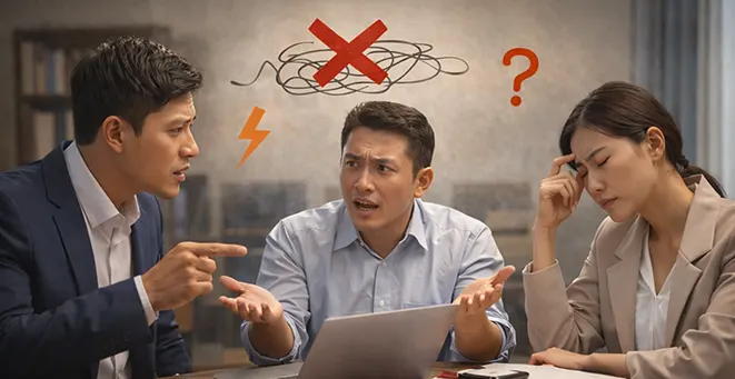 논리적으로 맞지 않는 주장으로 갈등하는 세 사람이 어불성설 사용 상황을 보여주는 이미지