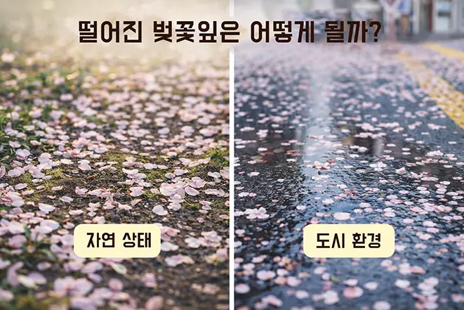 벚꽃 꽃잎 떨어진 모습 자연과 도시 환경 비교 이미지 분해와 청소 차이 설명