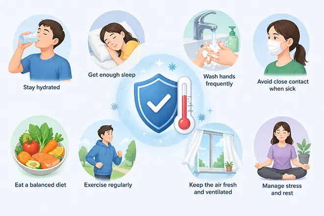 수분 섭취, 수면, 손 씻기, 운동 등 체온 상승을 예방하는 건강 습관을 설명하는 이미지