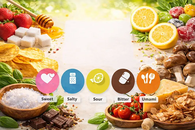 단맛 짠맛 신맛 쓴맛 감칠맛 다섯 가지 맛을 음식과 아이콘으로 설명한 이미지