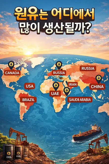 세계 주요 원유 생산 국가를 표시한 지도 이미지로 사우디아라비아, 미국, 러시아 등 주요 산유국 위치를 보여줌