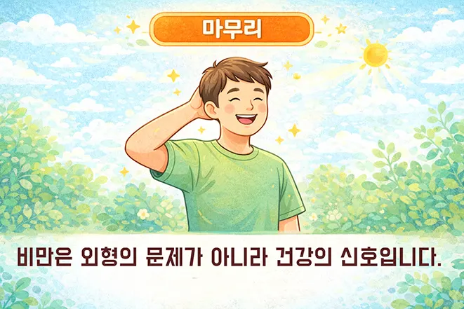 밝은 표정으로 미소 짓는 건강한 사람이 등장하며 비만은 외형이 아닌 건강의 신호임을 강조하는 이미지