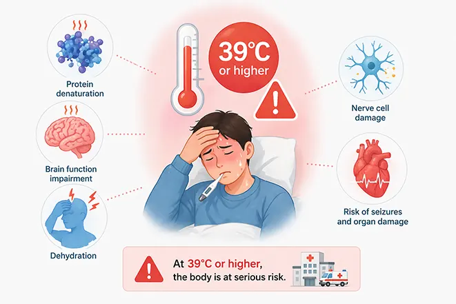 39도 이상의 고열이 신경 손상, 탈수, 뇌 기능 저하 등 위험을 유발하는 과정을 설명하는 이미지