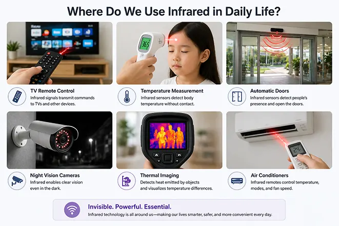 적외선이 리모컨 체온 측정기 자동문 CCTV 열화상 카메라 등 일상생활에서 사용되는 모습을 보여주는 이미지