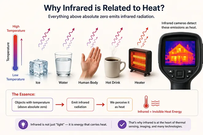 적외선이 온도에 따라 방출되고 열로 인식되는 과정을 설명하는 이미지
