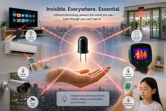 적외선이 리모컨 자동문 열화상 카메라 체온 측정기 등 다양한 기술에 활용되는 모습을 보여주는 이미지