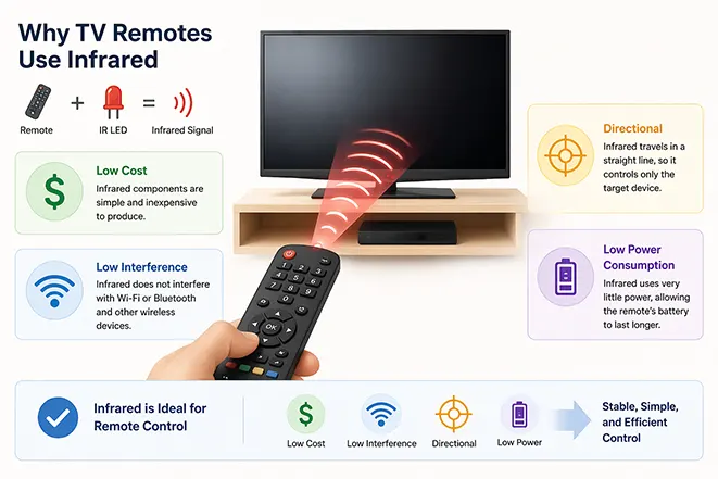TV 리모컨이 적외선을 사용하는 이유와 적외선 신호 전달 원리를 설명하는 이미지