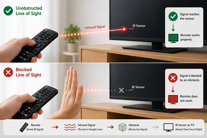 적외선 리모컨 신호가 장애물에 의해 차단되어 TV에 전달되지 않는 원리를 설명하는 이미지