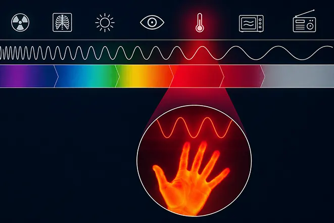 적외선 파장 영역과 열을 방출하는 손의 열화상 표현 이미지