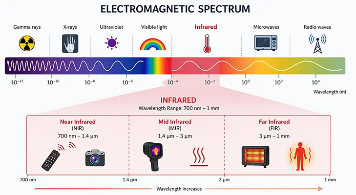 전자기파 스펙트럼에서 적외선 파장 범위와 근적외선 중적외선 원적외선을 설명하는 이미지