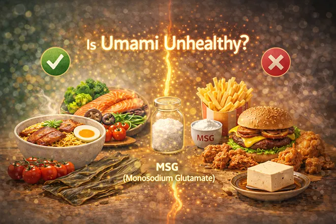 감칠맛과 MSG 건강 논쟁을 설명하는 이미지로 자연 식품과 가공식품을 비교한 구성