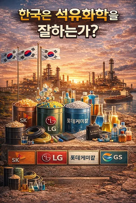 한국 석유화학 산업과 주요 기업(SK, LG, 롯데케미칼, GS)을 보여주는 정유공장 이미지