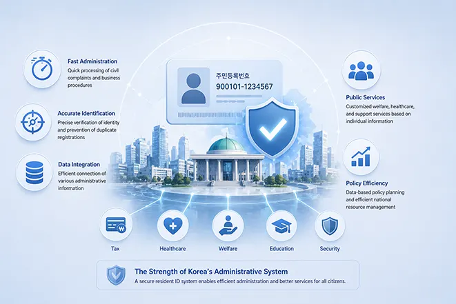 주민등록번호를 기반으로 한 대한민국 행정 시스템의 효율성과 공공 서비스 연계를 설명하는 이미지