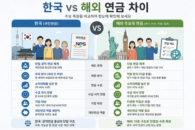 한국과 해외 연금 제도의 차이를 비교한 이미지, 구조와 보험료, 노후 보장 차이 설명