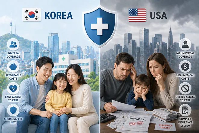 한국과 미국의 건강보험 제도를 비교하는 이미지로 한국은 안정적인 의료 혜택 미국은 높은 의료비 부담을 표현한 장면