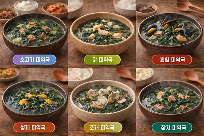 소고기 닭 홍합 성게 조개 참치 미역국 다양한 종류를 보여주는 이미지
