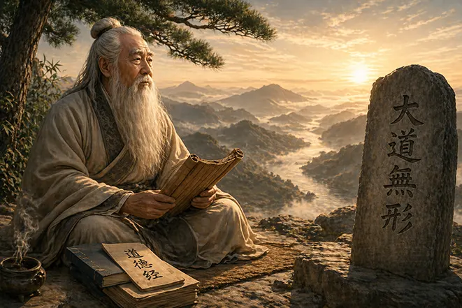노자가 두루마리를 들고 있는 모습과 대도무형 글자가 새겨진 비석, 도가 철학의 유래를 표현한 이미지