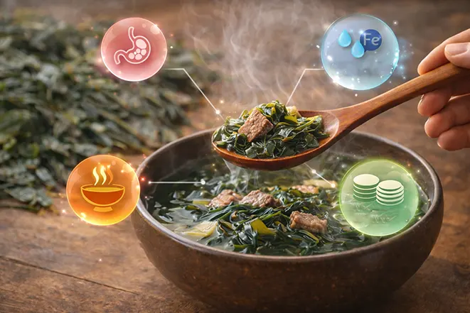 미역국이 소화와 영양 흡수에 좋고 따뜻한 음식임을 표현한 건강 이미지
