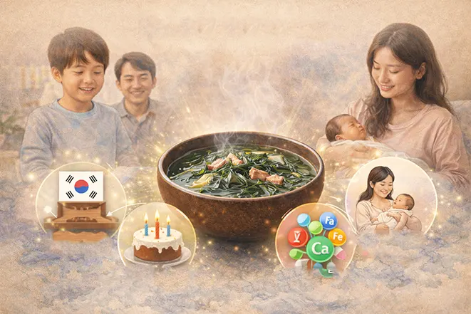 미역국이 가족 사랑 생일 문화 산모 건강을 상징하는 한국 전통 음식 이미지