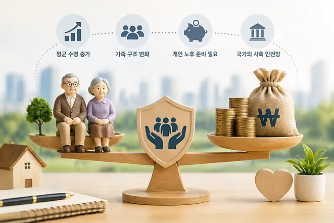 국민연금 도입 이유를 설명하는 이미지, 노부부와 돈 자루가 저울 위에서 균형을 이루는 모습