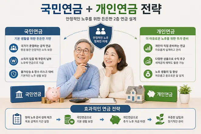 국민연금과 개인연금 전략을 설명하는 이미지, 안정적인 노후를 위한 이중 연금 구조