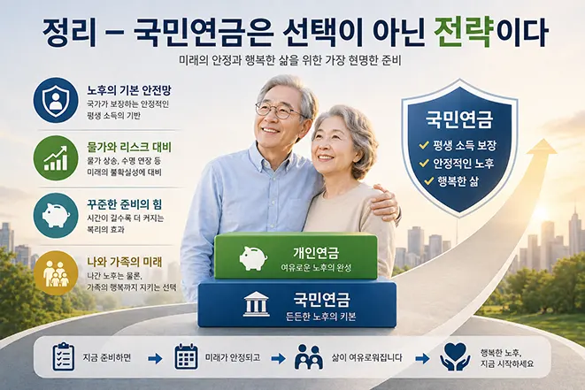 국민연금 전략을 정리한 이미지, 안정적인 노후와 연금 준비 과정을 보여주는 장면