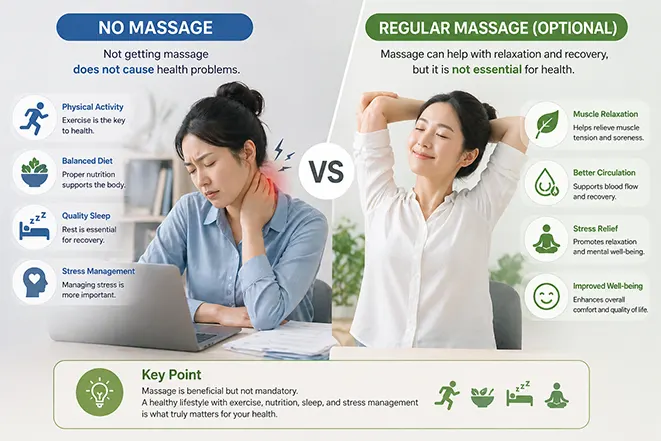안마를 하지 않는 경우와 정기적으로 마사지 받는 경우를 비교한 건강 영향 이미지
