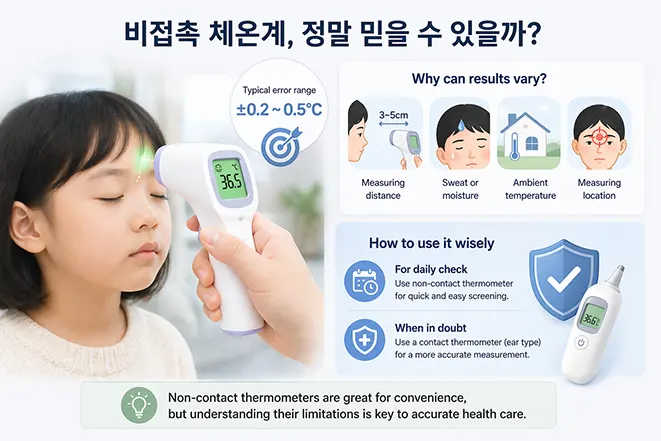 비접촉 체온계의 오차 범위와 측정 거리, 환경에 따른 정확도 차이를 설명하는 이미지