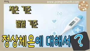 정상 체온과 발열 기준을 설명하는 썸네일 이미지로 체온계와 체온 구간 정보가 포함된 디자인